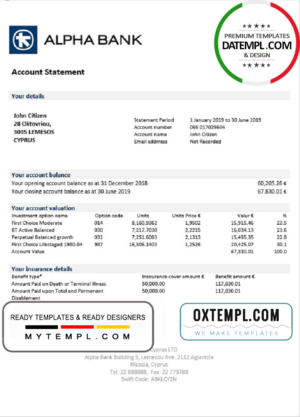Cyprus Alpha Bank statement template in Word and PDF format
