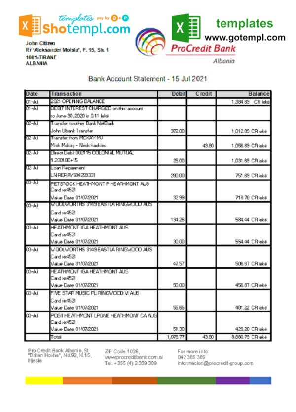 Albania ProCredit bank statement template in Excel and PDF format