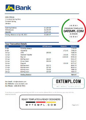 Jamaica National Bank statement easy to fill template in .xls and .pdf file format