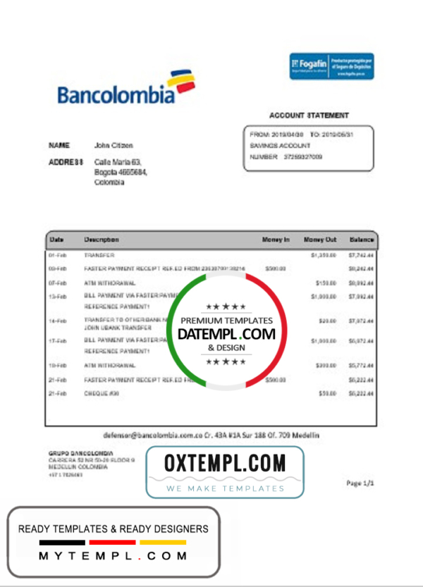 Colombia Bancolombia bank statement easy to fill template in Word and PDF format