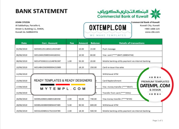 Kuwait Commercial Bank statement easy to fill template in Word and PDF format