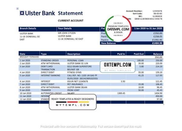 Republic of Ireland Ulster Bank statement template in Word and PDF format, good for address prove