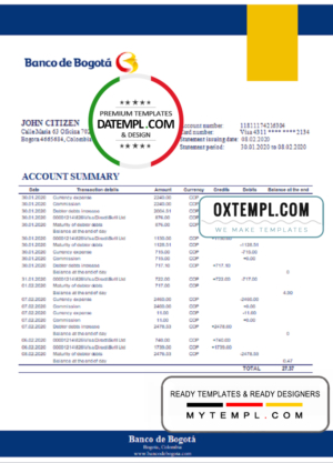 Colombia Banco de Bogotá bank statement template in Word and PDF format