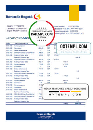 Colombia Banco de Bogotá bank statement easy to fill template in Excel and PDF format
