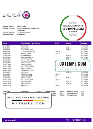 Iran Zamin Bank statement template in Word and PDF format