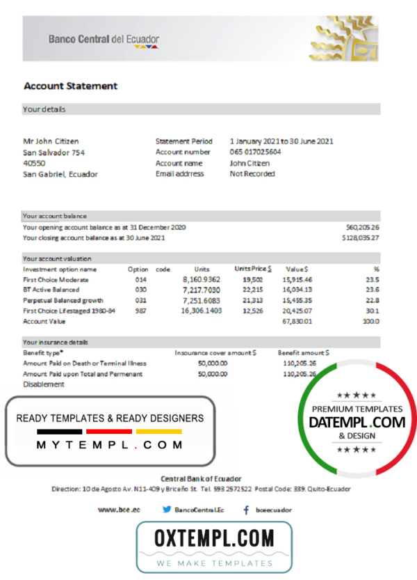 Ecuador Central Bank of Ecuador bank statement easy to fill template in Excel and PDF format