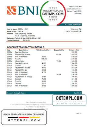 Indonesia Bank Negara Indonesia (BNI) bank statement easy to fill template in Excel and PDF format