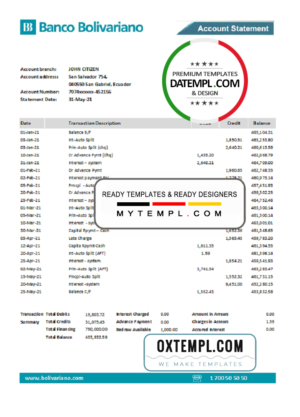 Ecuador Banco Bolivariano bank statement easy to fill template in .xls and .pdf file format