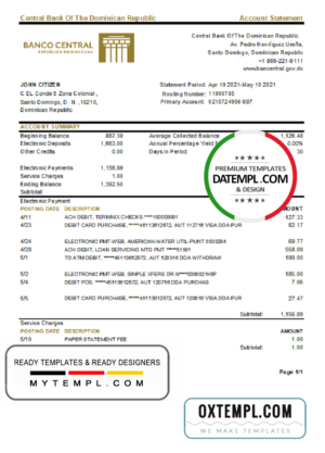 Dominican Republic Central Bank Of The Dominican Republic bank statement easy to fill template in Excel and PDF format