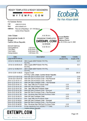 Central African Republic Ecobank proof of address template in Word and PDF format