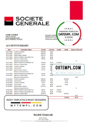 France Société Générale bank statement template in Word and PDF format