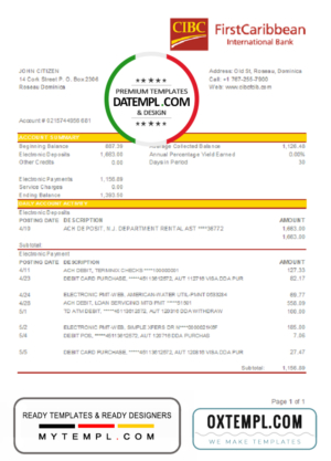 Dominica CIBC First Caribbean International Bank statement easy to fill template in .xls and .pdf file format