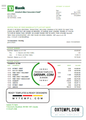 Canada TD Bank statement easy to fill template in Excel and PDF format (AutoSum)