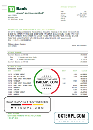 Canada TD Bank proof of address statement template in Word and PDF format (.doc and .pdf)