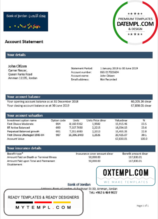 Jordan Bank of Jordan proof of address bank statement template in Word and PDF format