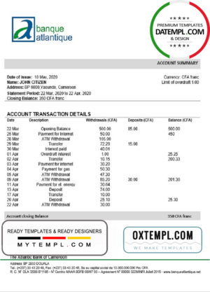 Cameroon Atlantic bank statement template in Word and PDF format