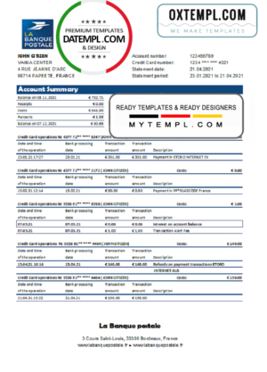 France La Banque Postale bank statement easy to fill template in .xls and .pdf file format