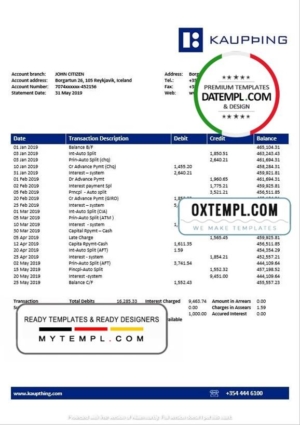 Iceland Kaupthing bank statement template in Word and PDF format