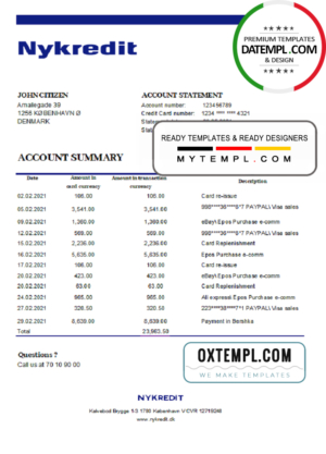 Denmark Nykredit bank statement easy to fill template in .xls and .pdf file format