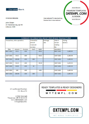 Denmark Danskebank bank statement easy to fill template in Excel and PDF format