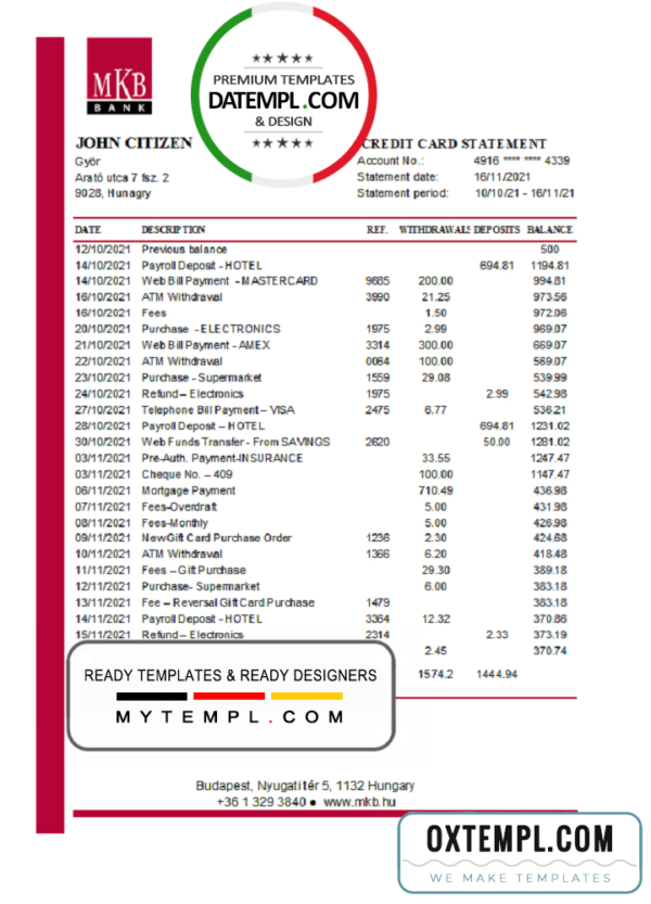 Hungary MKB Bank statement easy to fill template in .xls and .pdf file format