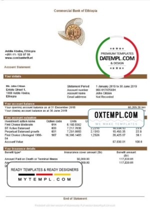 Ethiopia Commercial Bank of Ethiopia bank statement template in Word and PDF format, good for address prove