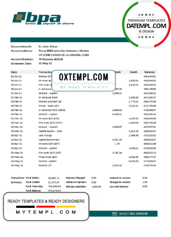 Cuba Banco Popular de Ahorro (BPA) bank statement easy to fill template in Excel and PDF format