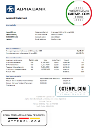 Cyprus Alpha Bank statement easy to fill template in Excel and PDF format