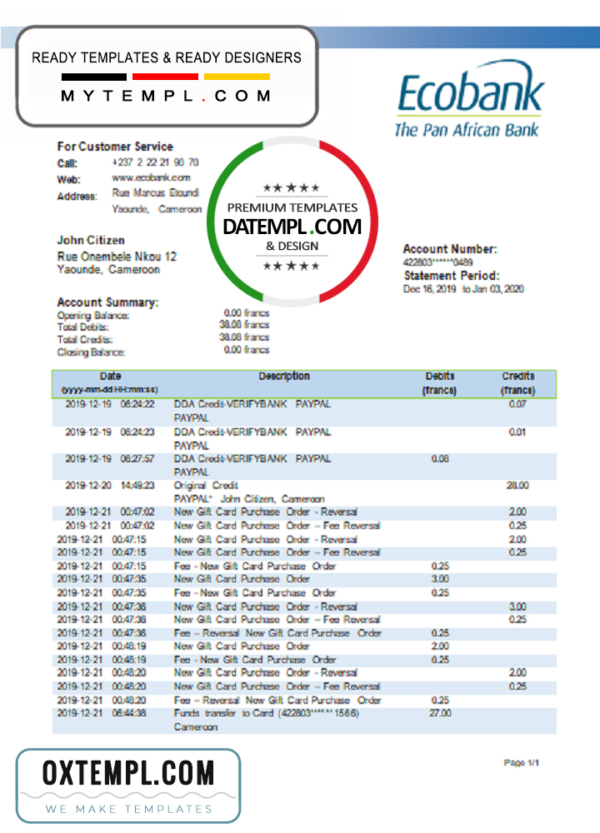 Cameroon Ecobank statement template in Word and PDF format