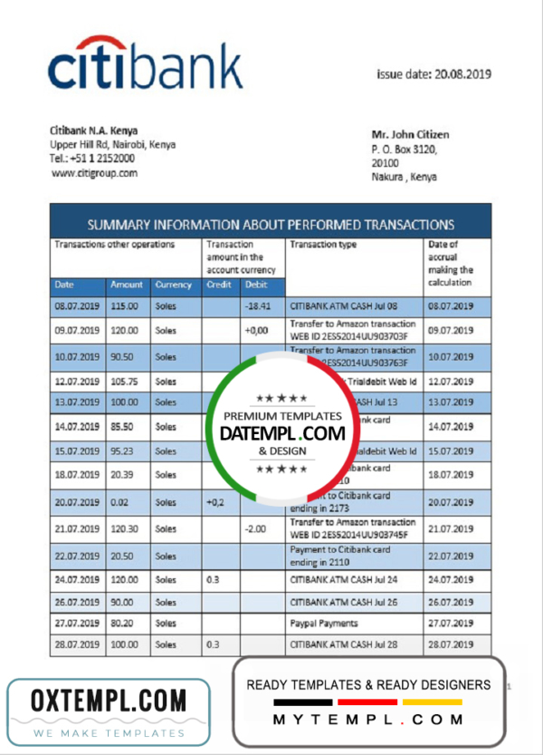 Kenya Citibank bank statement template in Word and PDF format