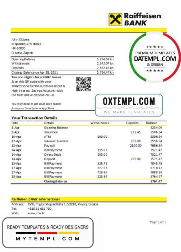 Croatia Raiffeisen Bank statement easy to fill template in .xls and .pdf file format