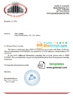 Albania Bank of Albania bank reference letter template in Word and PDF format