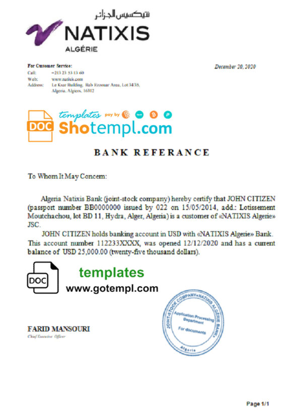 Algeria Natixis Algerie bank reference letter template in Word and PDF format