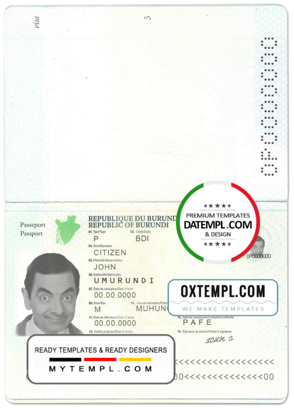 Burundi passport template in PSD format, fully editable