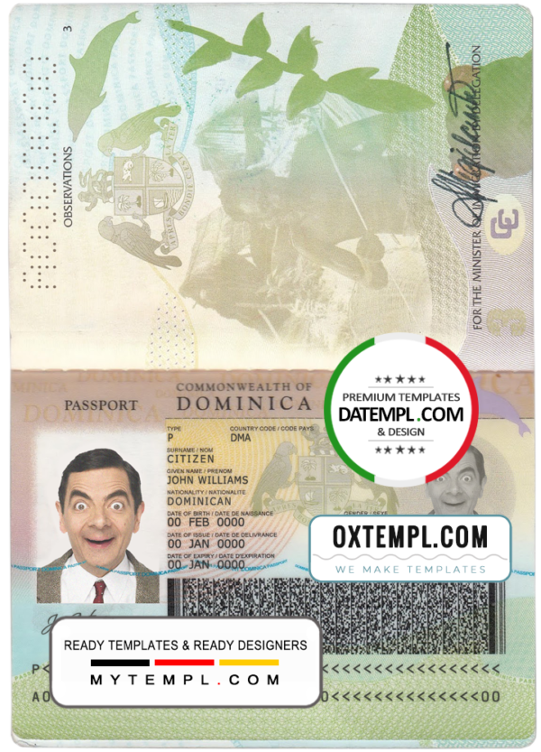 Dominica passport template in PSD format at the best price, with fonts