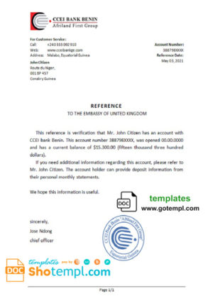 Equatorial Guinea CCEI Bank Benin bank reference letter template in Word and PDF format