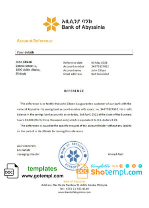 Ethiopia Bank of Abyssinia bank reference letter, Word and PDF format (.doc and .pdf)