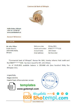 Ethiopia Commercial Bank bank reference letter, Word and PDF format (.doc and .pdf)