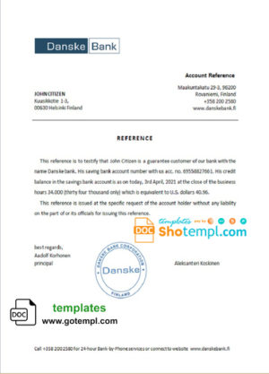Finland Danske bank reference letter template in Word and PDF format
