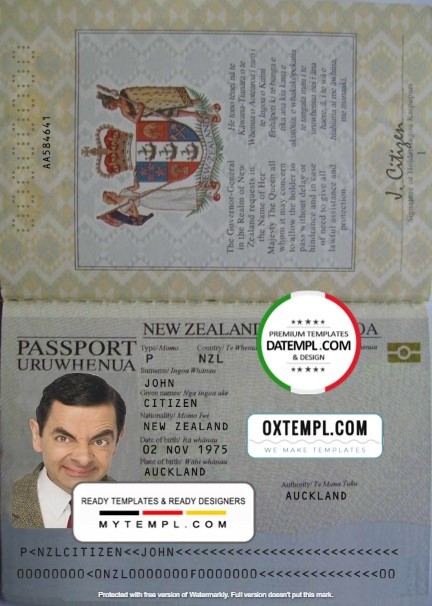 New Zealand passport template in PSD format, fully editable, with all fonts (2005 - 2009)