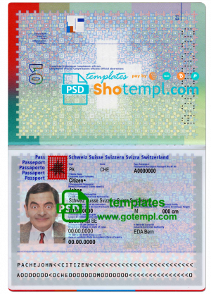 Switzerland passport template in PSD format, fully editable, with all fonts
