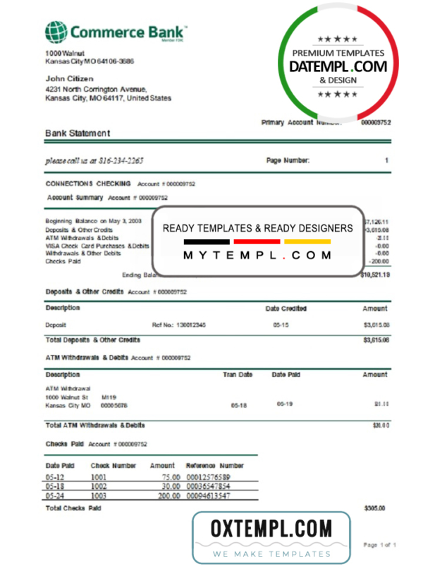 USA Commerce bank proof of address statement template in Word and PDF format