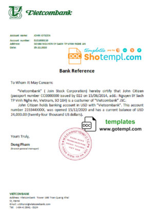 Vietnam Vietcombank bank reference letter template in Word and PDF format