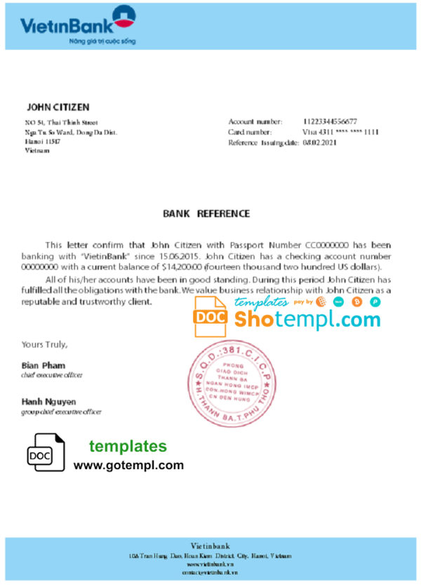 Vietnam Vietinbank bank reference letter template in Word and PDF format