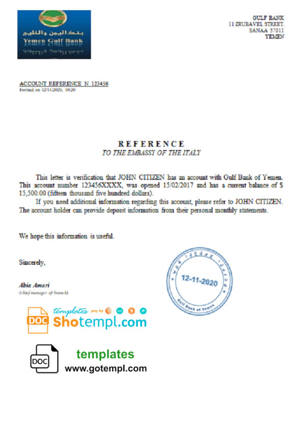Yemen Gulf bank account reference letter template in Word and PDF format