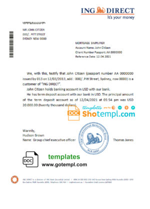 Australia ING Direct bank account reference letter template in Word and PDF format
