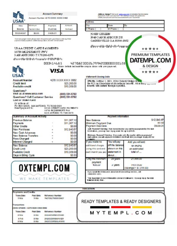 USA USAA bank Credit card statement template in Excel and PDF format