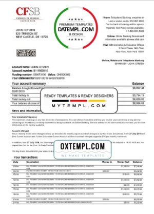 USA New York CFSB bank statement easy to fill templates in Word and PDF format