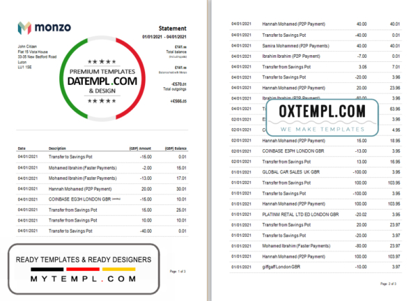 United Kingdom Monzo bank statement template in Word and PDF format (3 pages), good for address prove