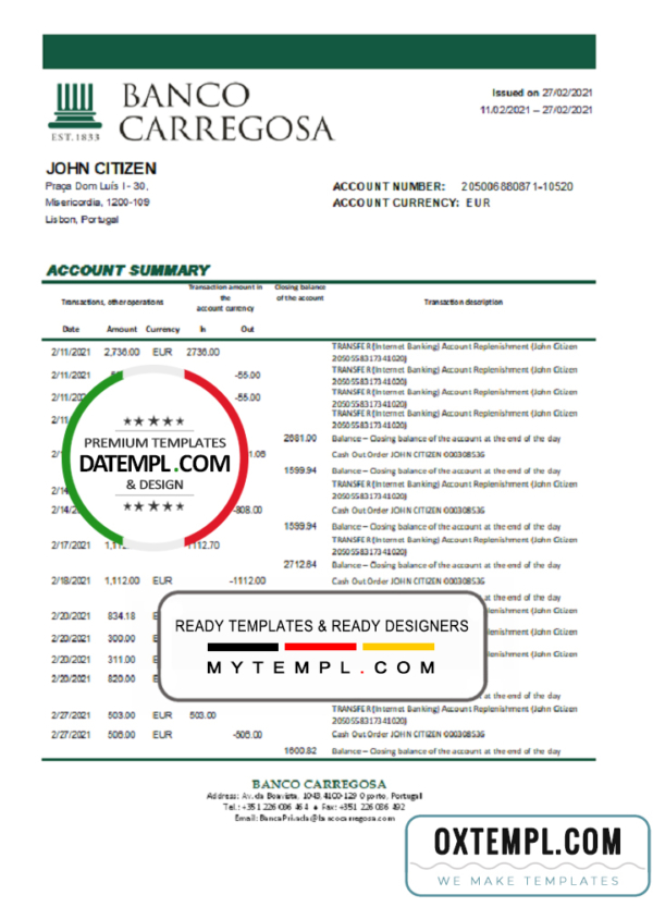 Portugal Banco Carregosa bank statement template in Excel and PDF format, .xls and .pdf format